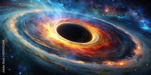 An ancient and mysterious black hole surrounded by a swirling accretion disk of hot gas and dust, gravitational lensing, cosmic, star formation photo