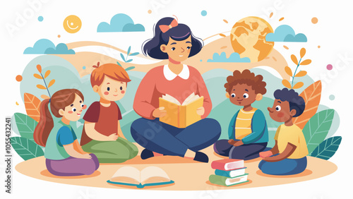 Diverse Group of Children Enjoying Story Time with Teacher Outdoors