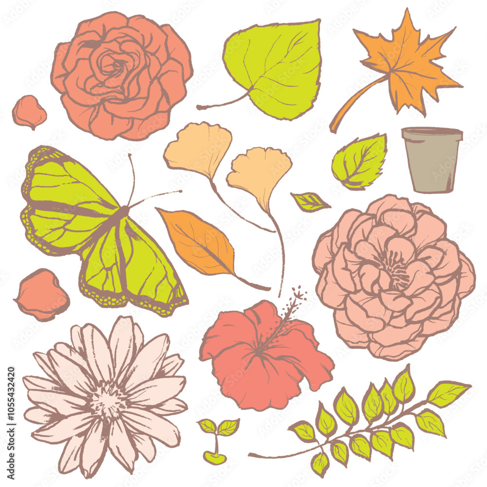 Set of Hand-Drawn Brush Stroke Romantic Garden Ornaments with Floral, Leaf, and Butterfly Motifs on Transparent Background
Set of Hand-Drawn Brush Stroke Romantic Garden Ornaments with Floral, Leaf, and Butterfly Motifs on Transparent Background