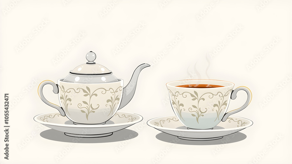 Fototapeta premium Teapot and teacup set illustration. Generative AI