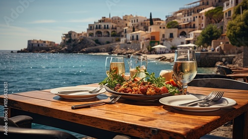 A table set for two on a patio overlooking the Mediterranean Sea with a picturesque coastal town in the background.