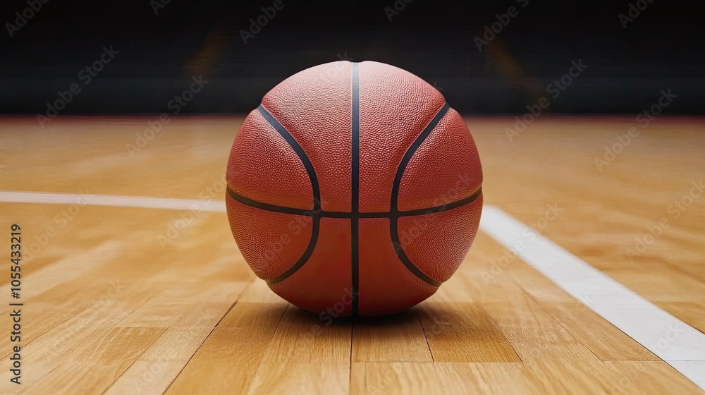 A basketball on the wooden floor of a basketball court. A basketball on the wooden floor of a basketball court.