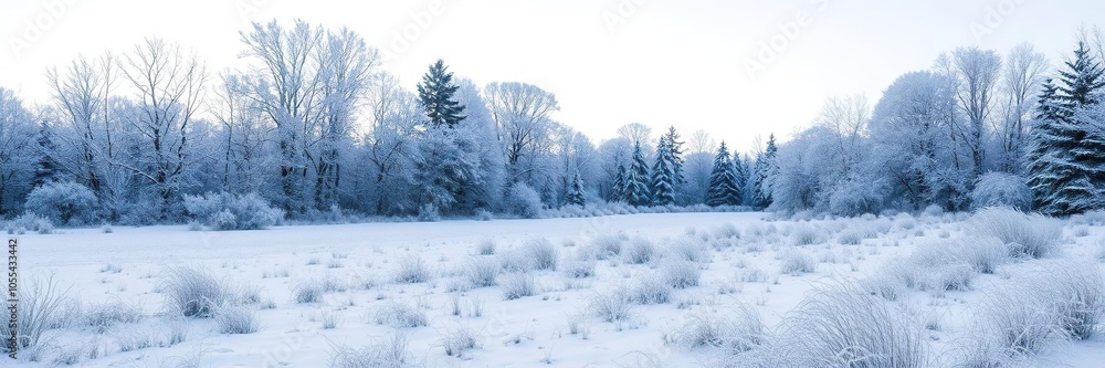 Fototapeta premium A scenic winter landscape with snow-covered trees and a frozen lake, frozen, white