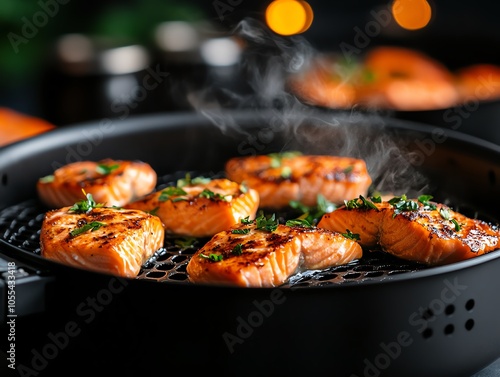 Air fryer basket with freshly cooked salmon, vibrant and healthy, gourmetstyle meal in minutes photo