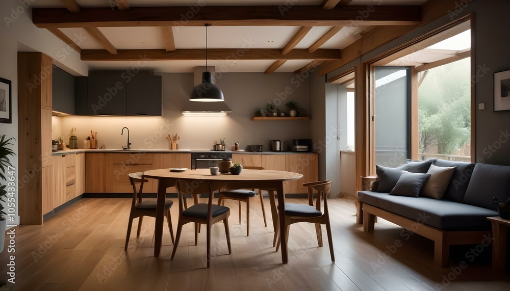 Dark late evening scene, wooden japandi kitchen, dining and living room with resin floor and beams ceilings. Sofa and table with chairs. Minimalist interior design Dark late evening scene, wooden japandi kitchen, dining and living room with resin floor and beams ceilings. Sofa and table with chairs. Minimalist interior design