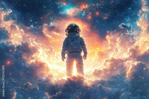 A little boy's dream of becoming an astronaut unfolds in a vibrant cosmic adventure filled with swirling galaxies and colorful clouds