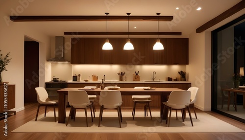 Dark late evening scene, wooden japandi kitchen, dining and living room with resin floor and beams ceilings. Sofa and table with chairs. Minimalist interior design	