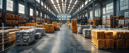 Bright sunlight streams through the windows of a busy warehouse, illuminating stacks of neatly organized pallets filled with various goods and materials