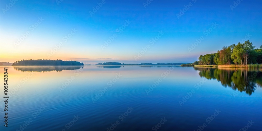 A serene lake at dawn with a calm blue water surface reflecting the pale blue sky above, lake view, outdoors, nature A serene lake at dawn with a calm blue water surface reflecting the pale blue sky above, lake view, outdoors, nature
