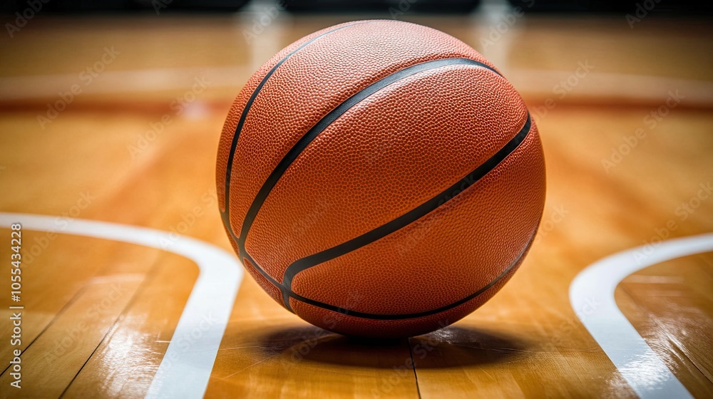 A basketball on the wooden floor of a basketball court. A basketball on the wooden floor of a basketball court.