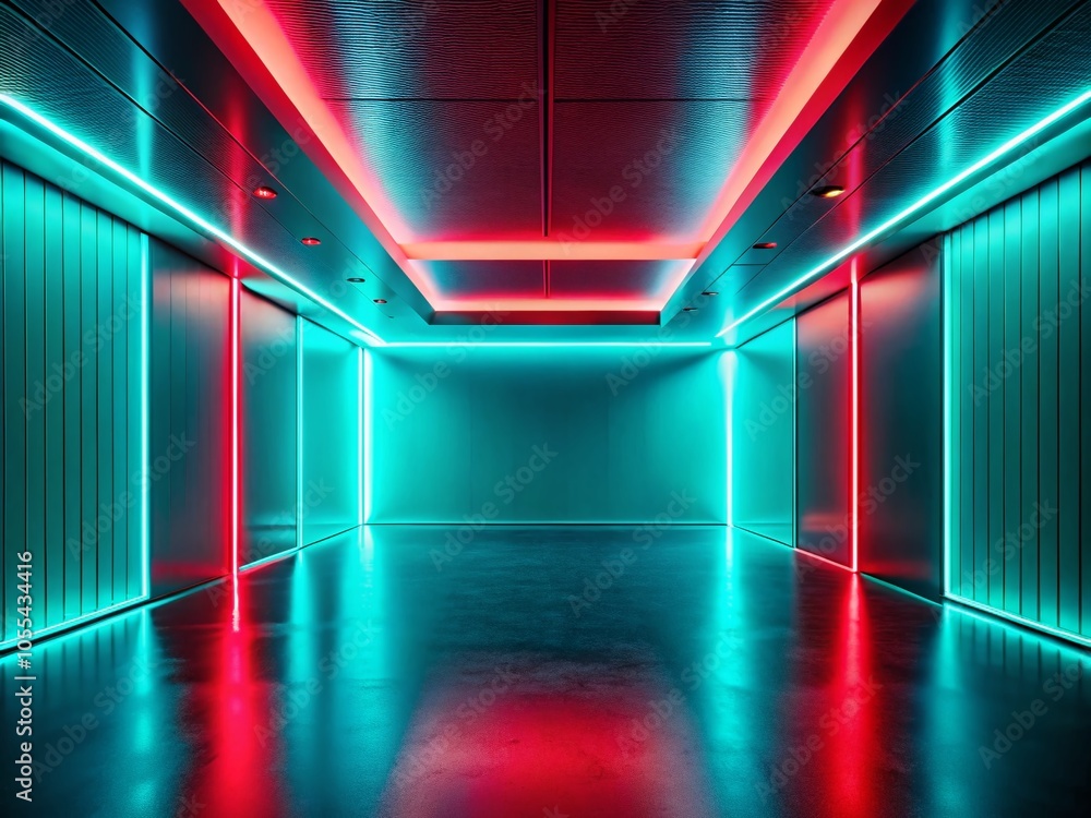 Empty Room with Red Neon Lights on Teal Wall for Design Projects and Backgrounds Empty Room with Red Neon Lights on Teal Wall for Design Projects and Backgrounds