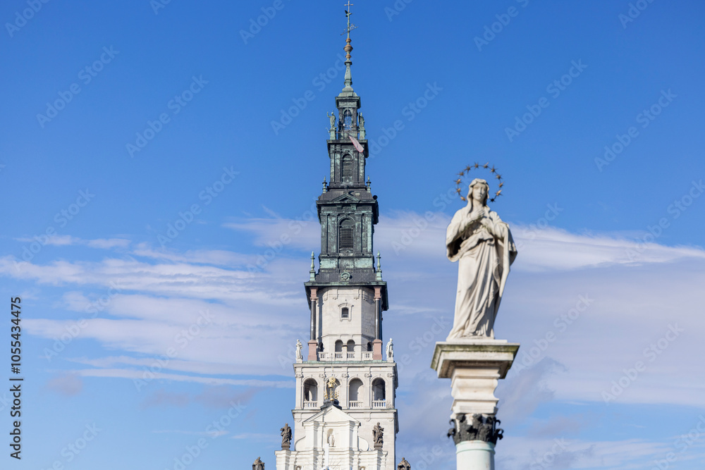 Monument to Our Lady Immaculate and tower of Jasna Gora Basilica, Jasna Gora Monastery (Light Mountain), Czestochowa, Poland