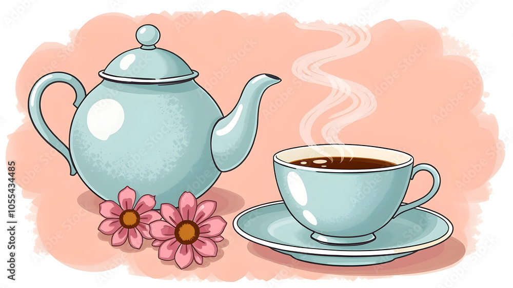 Teapot and teacup set illustration. Generative AI Teapot and teacup set illustration. Generative AI