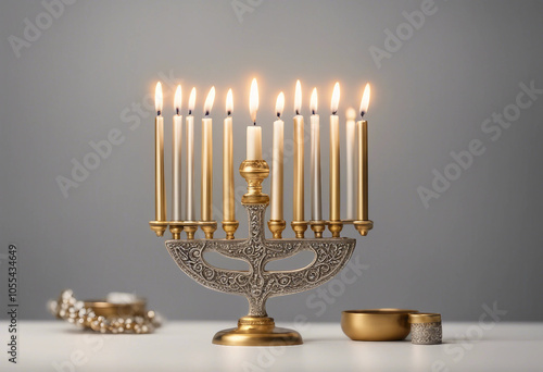 Set of traditional golden and silver menorah with candles collection isolated on transparent backgro