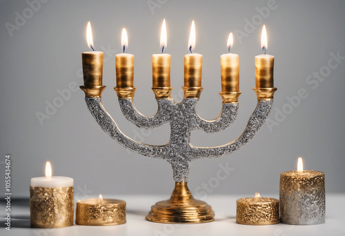 Set of traditional golden and silver menorah with candles collection isolated on transparent backgro photo