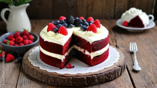 A beautifully layered red velvet cake topped with fresh strawberries, blueberries, and blackberries, perfect for dessert lovers.