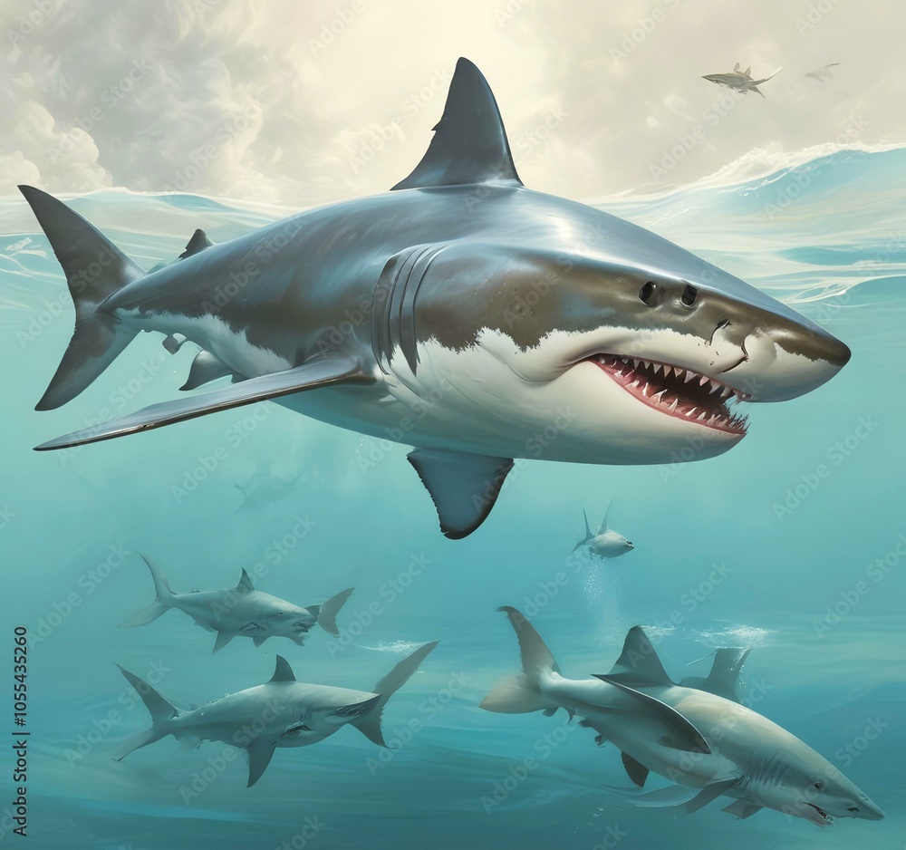 Fototapeta premium Illustration of shark in ocean.