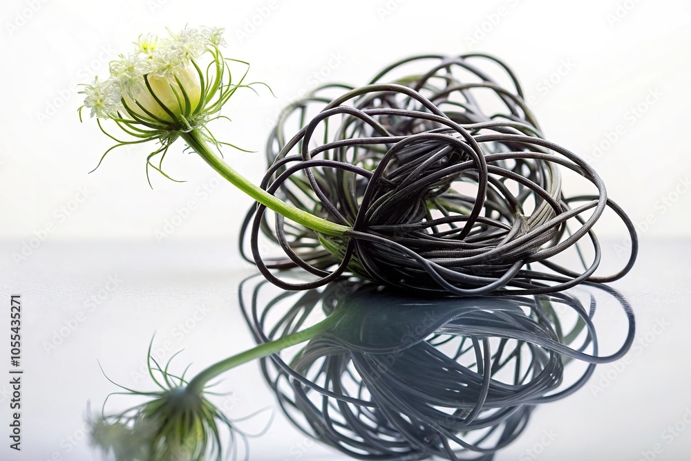 A tangle of black, slimy tendrils wraps around the stem of a dead, white flower, creeping, snaking, botany, white background A tangle of black, slimy tendrils wraps around the stem of a dead, white flower, creeping, snaking, botany, white background