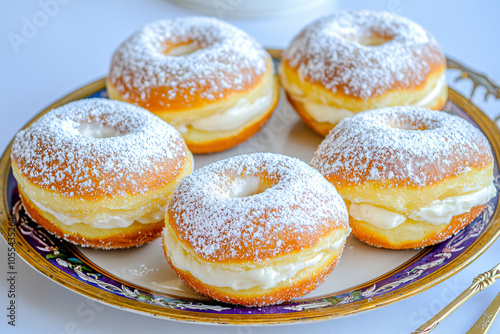 Wallpaper Mural handcrafted filled donuts with powdered sugar on vintage plate Torontodigital.ca