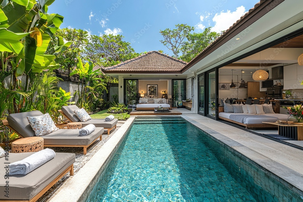 Fototapeta premium Modern Tropical Villa with Swimming Pool and Loungers