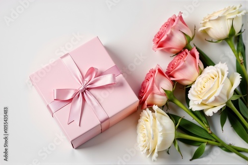 A pink gift box with a bow beside a bouquet of roses