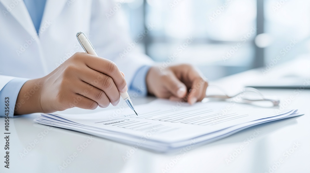 Close-up of a medical professional writing on a report, showcasing precision and attention to detail in a clinical setting. Close-up of a medical professional writing on a report, showcasing precision and attention to detail in a clinical setting.