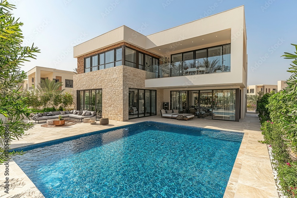 Fototapeta premium Modern Villa with Swimming Pool and Lush Greenery