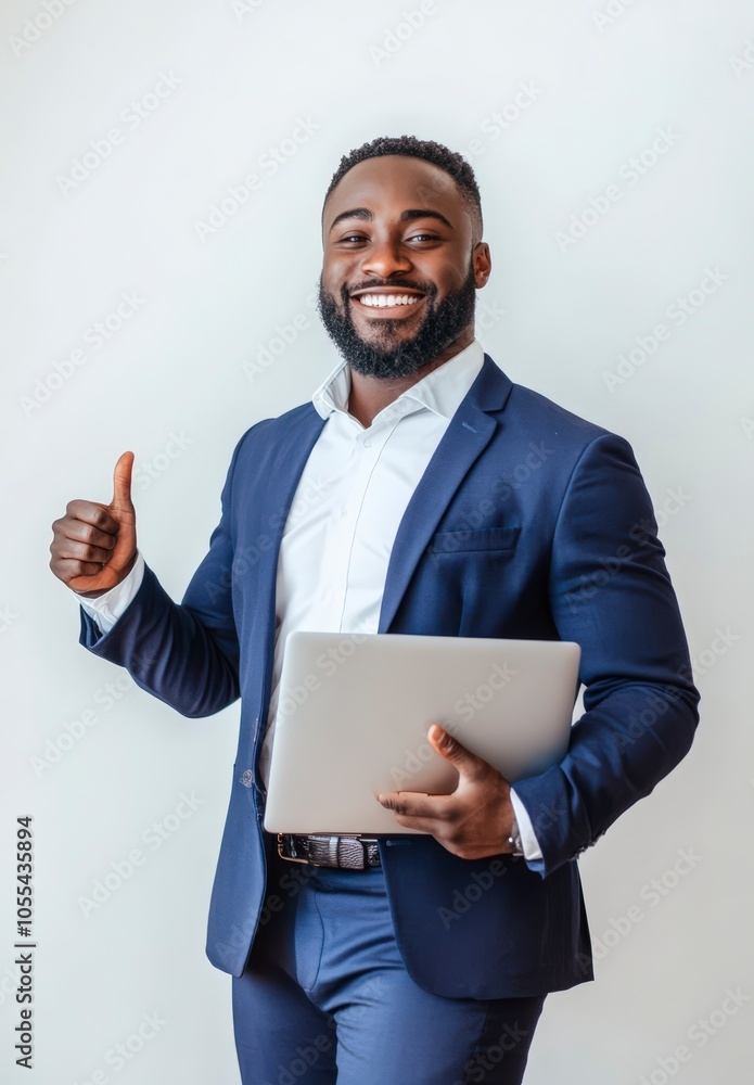Smiling businessman giving thumbs up in formal attire Smiling businessman giving thumbs up in formal attire