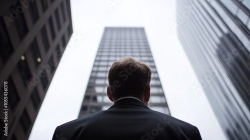 A man in a suit is looking up at a tall building