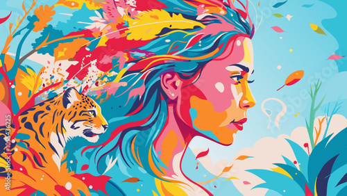 Vibrant Woman and Tiger Abstract Art in Colorful Nature Setting