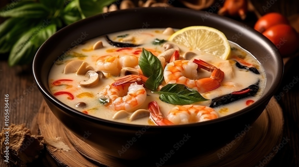 A bowl of creamy tom kha gai soup with shrimp, mushrooms, and herbs. A bowl of creamy tom kha gai soup with shrimp, mushrooms, and herbs.