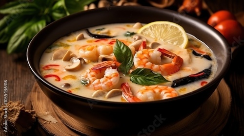 A bowl of creamy tom kha gai soup with shrimp, mushrooms, and herbs. photo