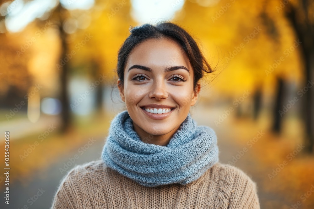 Beautiful woman in brown pullover and blue scarf enjoying nice autumn day in a park Beautiful woman in brown pullover and blue scarf enjoying nice autumn day in a park