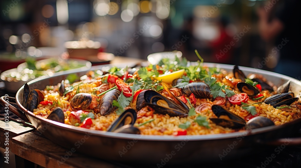 A large paella pan filled with a seafood paella, with mussels, shrimp, tomatoes, and peppers, ready to be served. A large paella pan filled with a seafood paella, with mussels, shrimp, tomatoes, and peppers, ready to be served.