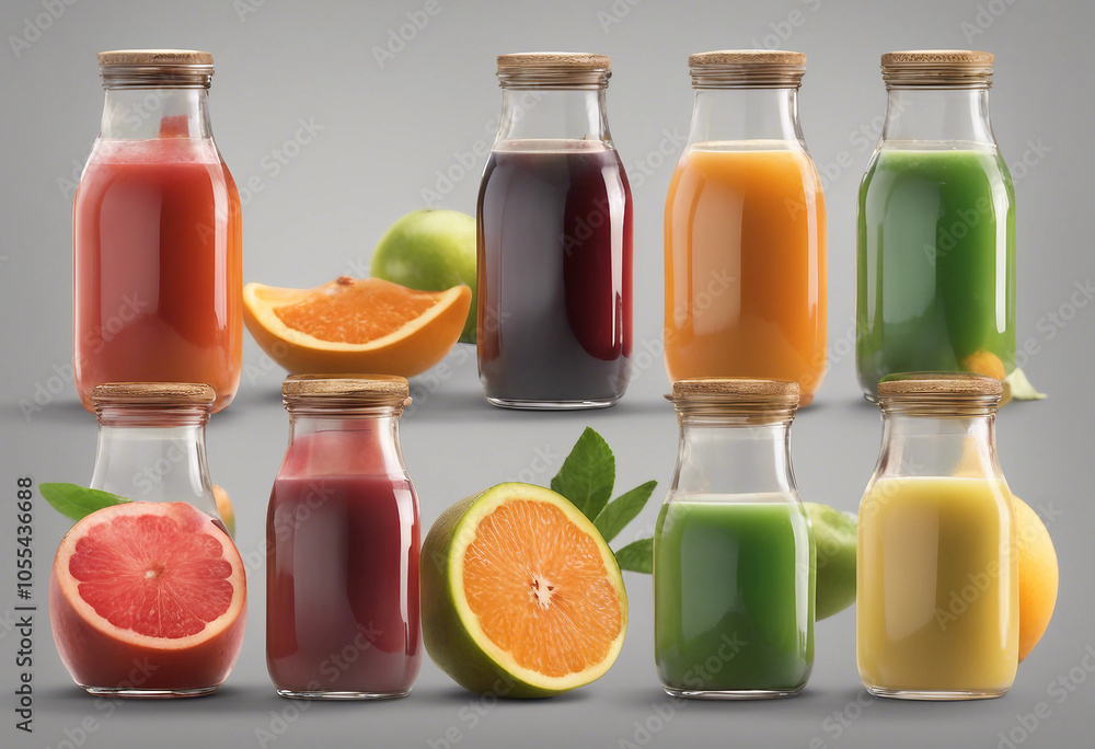 Set of various healthy fresh fruit juice in glass bottles isolated on transparent background Set of various healthy fresh fruit juice in glass bottles isolated on transparent background