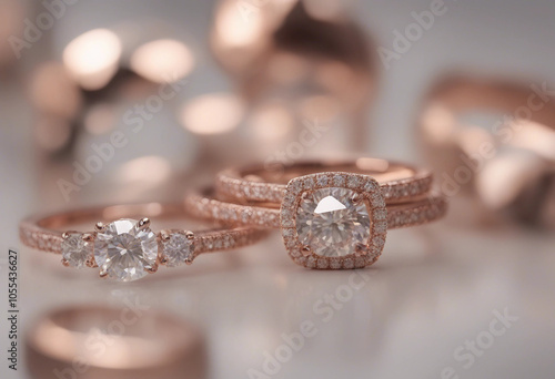 Set of various gorgeous rose gold diamond engagement rings isolated on transparent background