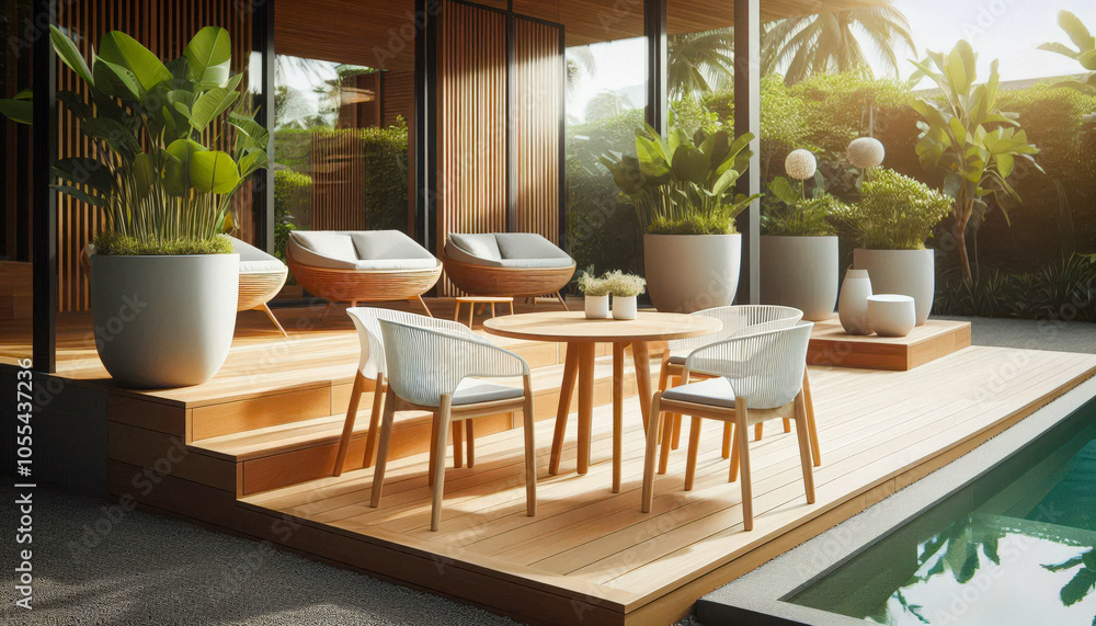 Obraz premium Clean, Modern Outdoor Wooden Seating Area, Contemporary Patio Furniture Design.