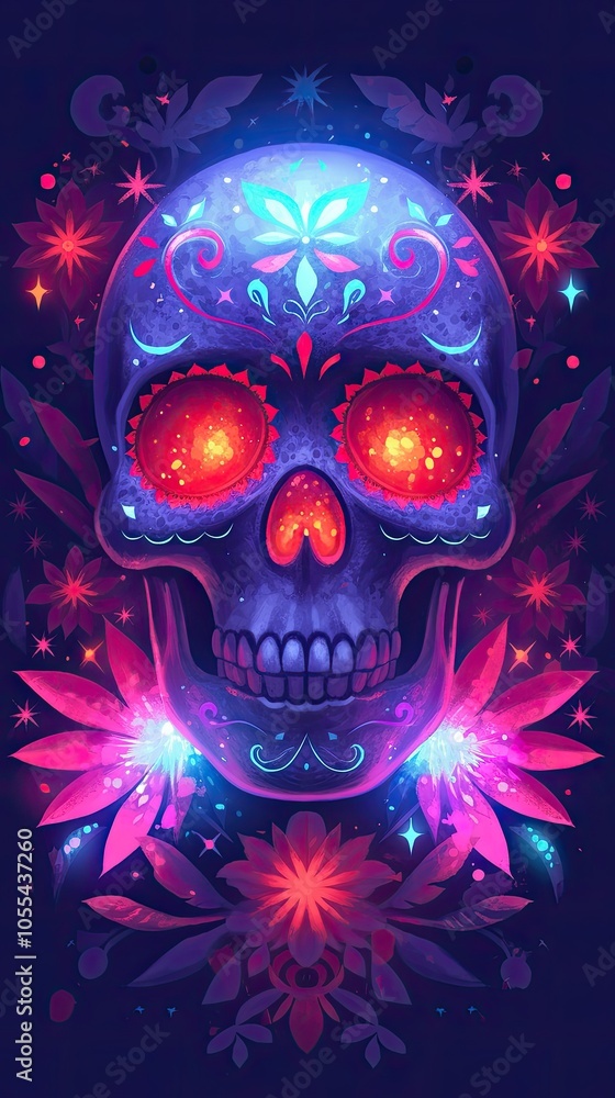 Vibrant Neon Skull with Floral Accents in a Dark Mystical Setting Vibrant Neon Skull with Floral Accents in a Dark Mystical Setting