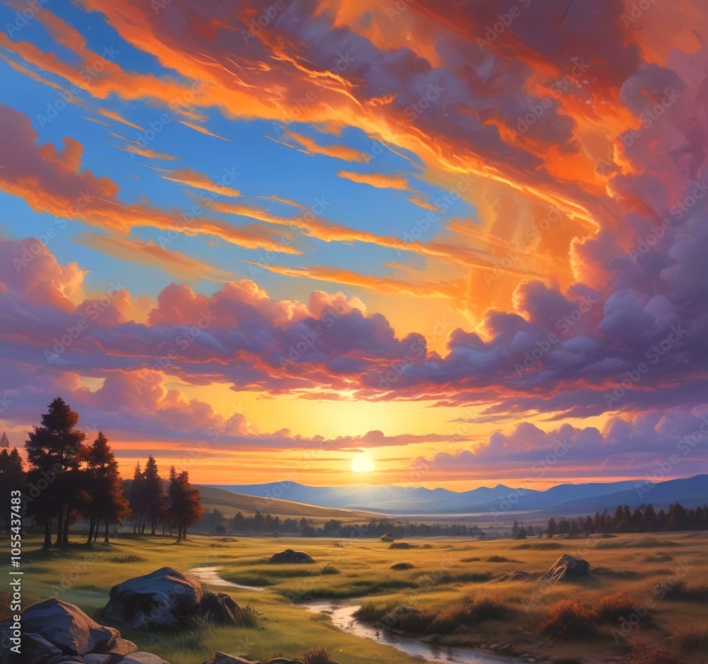 Illustration of sunrise landscape with dramatic sky. Illustration of sunrise landscape with dramatic sky.