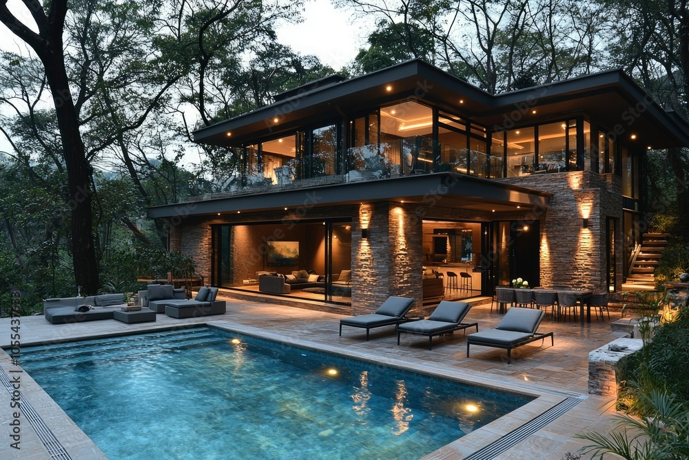 Modern Luxury Home with Pool and Stone Exterior Surrounded by Lush Greenery Modern Luxury Home with Pool and Stone Exterior Surrounded by Lush Greenery
