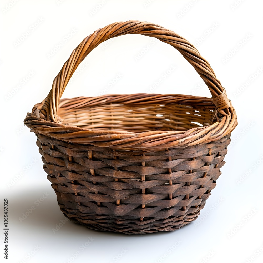 Obraz premium Rustic Woven Basket with Handle, White Background, Isolated