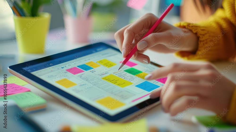 hands typing on a tablet with a vibrant digital planner open on the screen. hands typing on a tablet with a vibrant digital planner open on the screen.