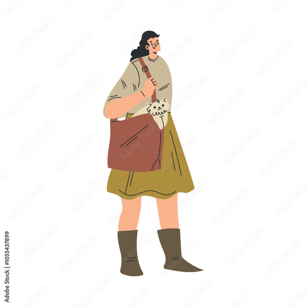 Woman Character with Cat Pet in Bag as Domestic Animal Vector Illustration Woman Character with Cat Pet in Bag as Domestic Animal Vector Illustration