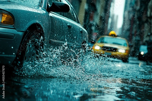 A Car Driving Through a Wet City Street with Splashing Water