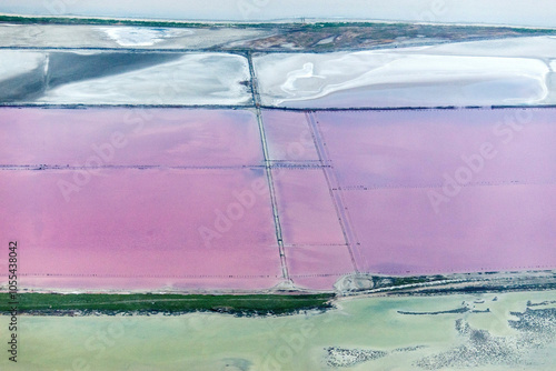 Aerial view of colorful saline salt flats with unique geometric patterns and tranquil water, Sasyk Sivash Lake, Crimea, Russia. photo