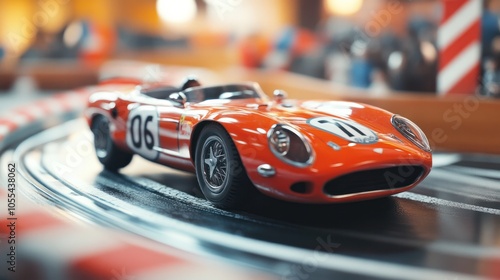 a detailed model race car on a custom racetrack, photo