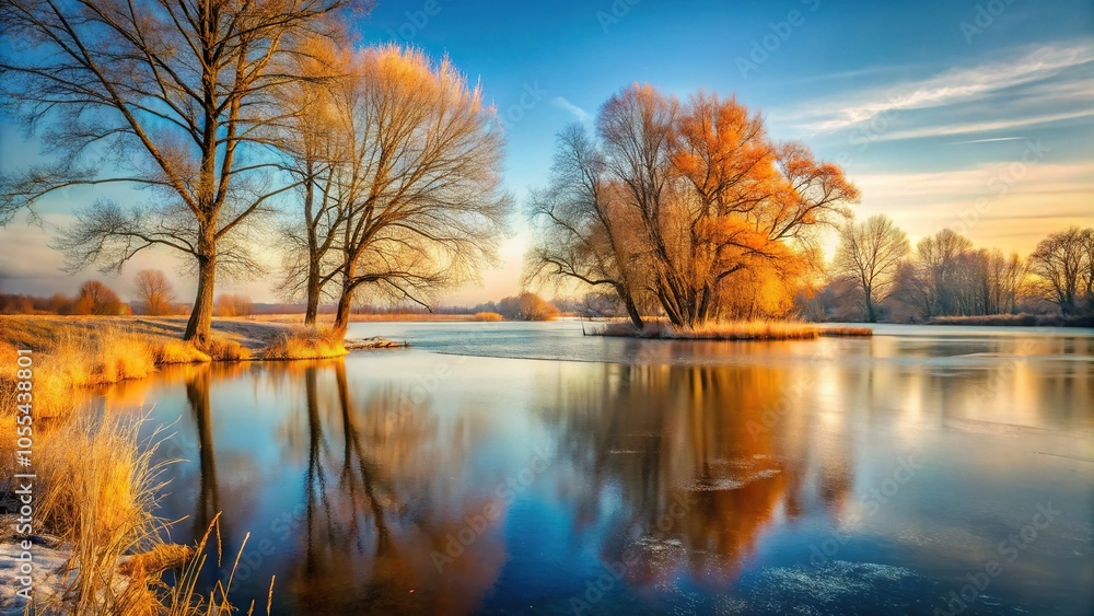 Autumnal landscape with bare trees and a frozen lake in the background, autumn, scenery, bare branches, landscape Autumnal landscape with bare trees and a frozen lake in the background, autumn, scenery, bare branches, landscape
