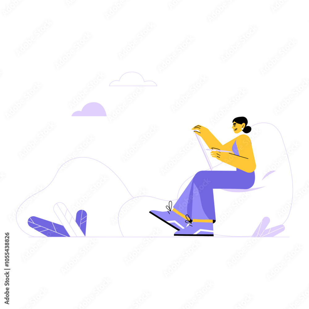 Female Painter Relaxing With Canvas In Flat Vector Illustration Symbolizing Creativity, Art, And Expression, Isolated On White Background. Female Painter Relaxing With Canvas In Flat Vector Illustration Symbolizing Creativity, Art, And Expression, Isolated On White Background.