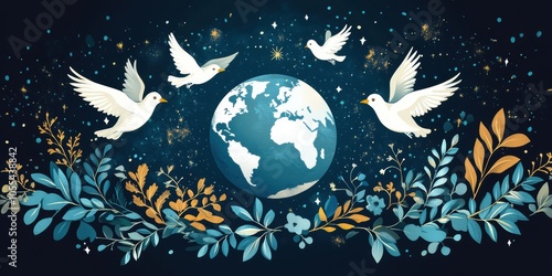 Doves flying around a globe with foliage.