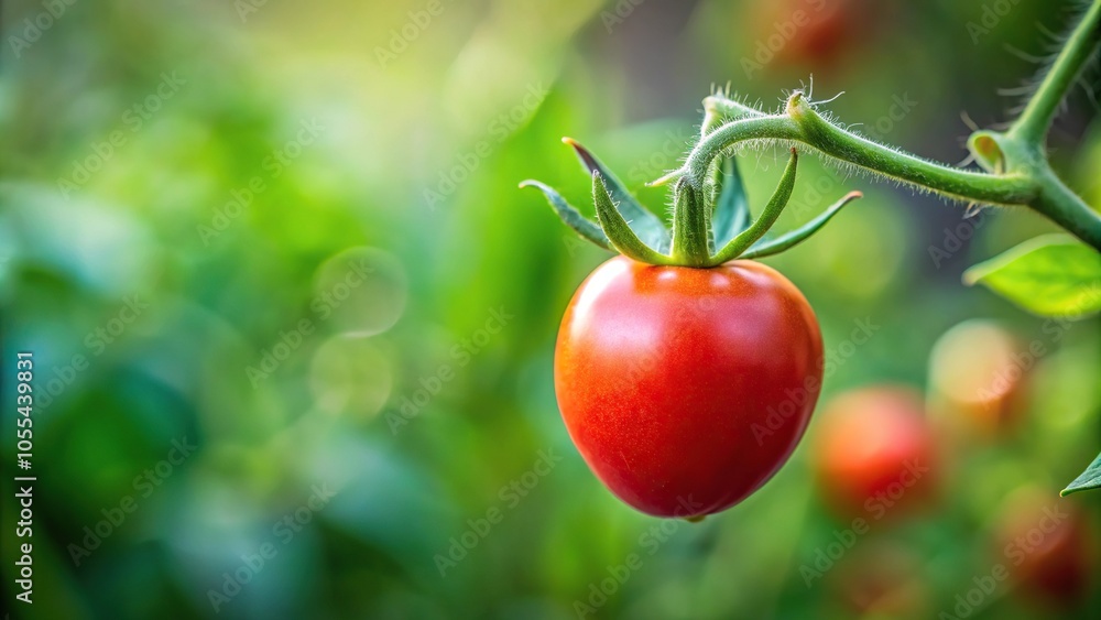 Close-up of a single cherry tomato on the vine, stems, flower, garden detail, ripe tomatoes Close-up of a single cherry tomato on the vine, stems, flower, garden detail, ripe tomatoes